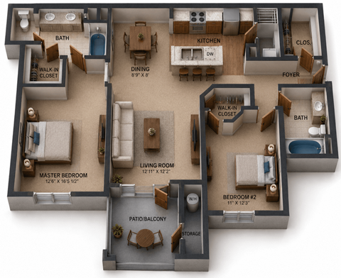 Floor plan for 2 beds, 2 baths, 1126 sqft